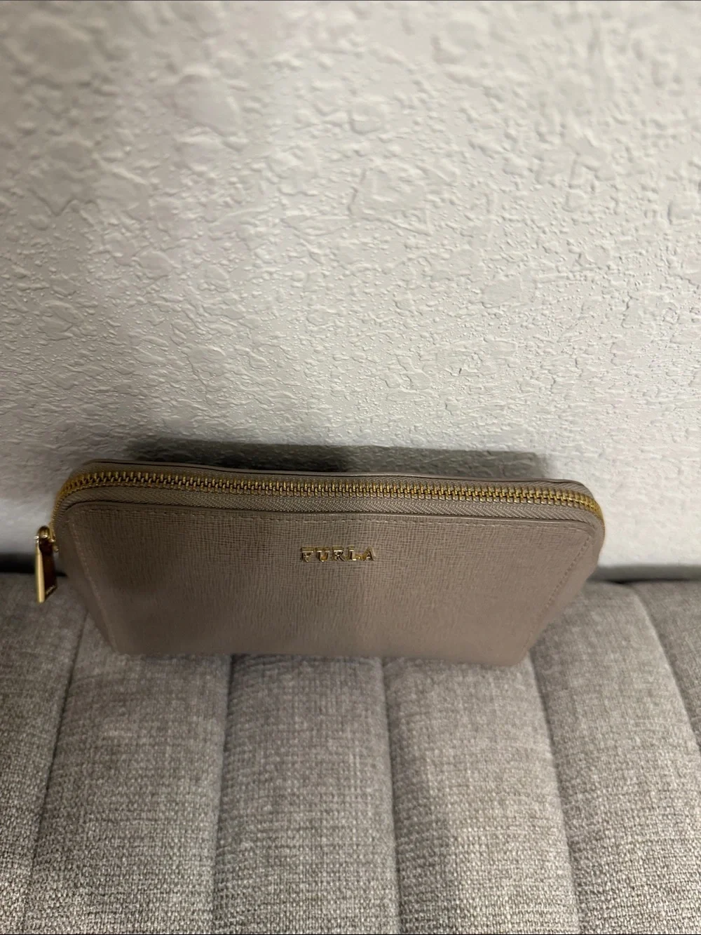 Furla Taupe Saffiano Cosmetic Pouch with Gold Logo